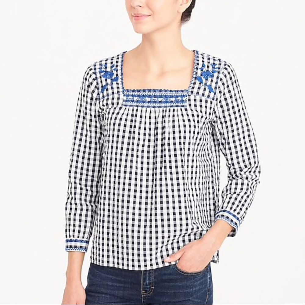 J. Crew | Embroidered Gingham Peasant Top Size XXL